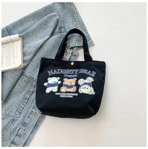 Black canvas tote bag for women daily work lunch handbag casual cute cartoon bear print casual style