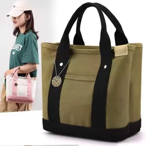 Women's Canvas Tote Bag Casual Minimalist Handbag Multi-Compartment Top Handle Lunch Bag Daily Commute Shopper Bag