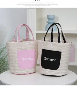 Stylish straw woven tote bag with canvas front pocket, large capacity bucket beach bag.
