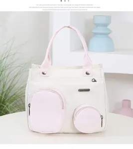 Fashion canvas tote bag with front pockets, pink and white daily handbag for women.