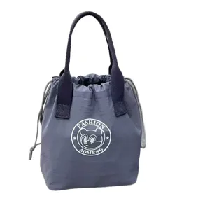 Waterproof grey drawstring lunch bag tote, casual daily commuting bento storage handbag.