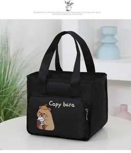 Detailed view of a black insulated lunch bag with cute capy bara print for daily work or school use.