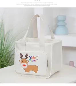 Insulated lunch bag with cute deer print, thickened canvas bento handbag with front zipper pocket.
