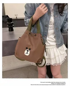 Fashionable cute bear backpack for women, casual travel daypack with drawstring design.