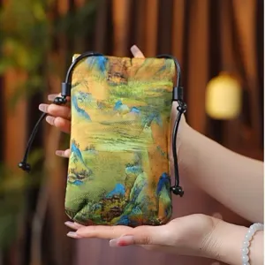 Retro Chinese style crossbody phone bag for women, vintage landscape print mini storage pouch.