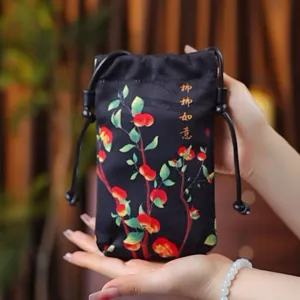 Chinese style vintage mini crossbody phone bag with cute persimmon pattern and black drawstring.