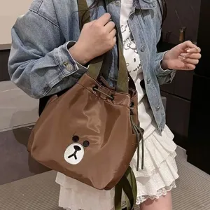 Women Fashion Nylon Casual Backpack Large Capacity Travel School Bookbag Cute Bear Patchwork Multi-pocket Daily Daypack