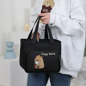 Black insulated lunch bag with cute capybara design, thick portable tote for daily use.