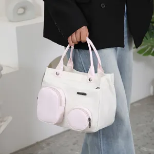 White pink multi pocket canvas handbag stylish casual tote bag women daily shoulder bag