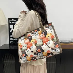 Lässige Damen Canvas Tragetasche mit süßem Katzenprint, große Kapazität Umhängetasche.