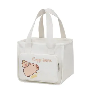 White canvas lunch bag with cute capybara print, portable thermal bento tote for work and school.