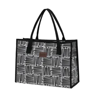 Large capacity black and white pattern canvas tote bag, stylish women handbag for daily use.