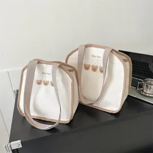 Korean style canvas lunch bag cute bear embroidered handbag minimalist tote bag versatile