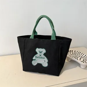 Women Canvas Tote Bag Casual Dumpling Handbag Fashion Cute Bear Print Shoulder Bag Daily Commuting Purse