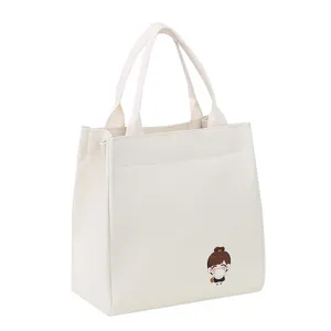 Cute canvas lunch bag for women, lightweight portable tote handbag with cute cartoon print.