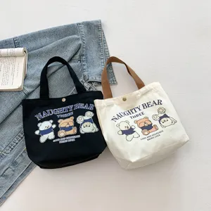 Canvas tote bag for women commuter shoulder handbag casual cute bear printed daily bento bag