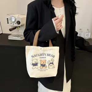 Small canvas tote bag for women, cute bear print handbag, casual versatile bento mommy bag.