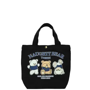 Black canvas tote bag for women daily work, cute bear print casual shoulder lunch bag.