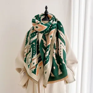Écharpe jacquard géométrique rétro colorblock, châle chaud automne hiver, franges douces col.