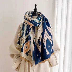 Écharpe jacquard géométrique rétro avec franges automne hiver chaud mode femmes châle