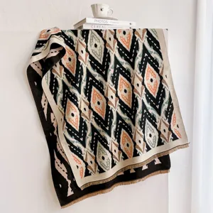 Écharpe châle rétro en jacquard géométrique avec franges, accessoire chaud d'hiver femme.