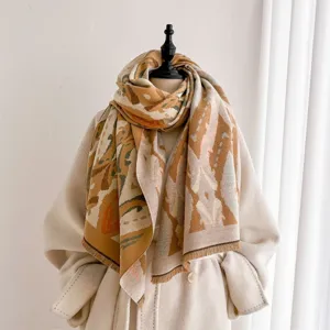 Gros-plan d'écharpe jacquard géométrique rétro avec chaleur d'hiver douillette et détails de franges.