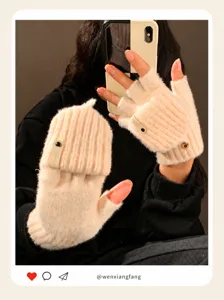 Convertible half-finger plush knit gloves for women, winter warm thick cozy winter mittens.