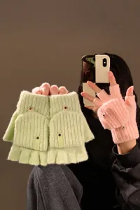 Women winter warm knit flip-top half finger plush gloves cute touch screen gloves soft