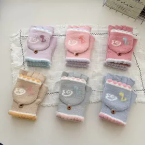 Women Winter Warm Plush Half Finger Flip Gloves Cute Musical Note Button Knit Convertible Mittens For Cycling Typing