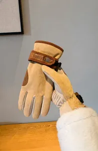 Retro women winter suede gloves detailed view, thick plush warm cycling windproof design.