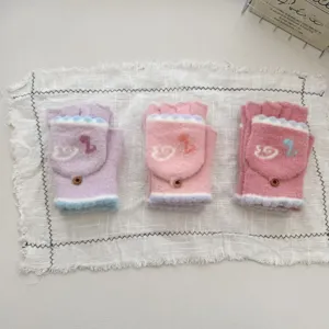 Women's winter plush convertible half-finger knitted gloves with music note pattern warm cycling writing