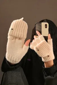 Women winter knit convertible mittens half finger warm gloves for typing and daily cycling.