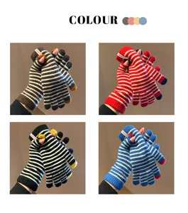 Striped knit gloves detail showing four colors, warm wool touch screen winter gloves.