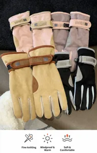Detailed view of women winter retro suede gloves, fleece lined thickened windproof warm.