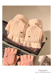 Detailed shot of cozy knit convertible fingerless gloves in pink, winter warm scene display.