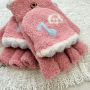 Pink plush flip-top half-finger gloves winter warm cute knit gloves for women students.