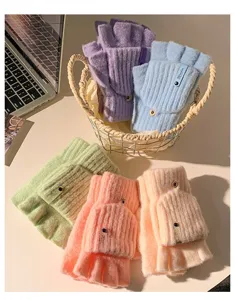 Faux-fur fleece lined knit convertible fingerless gloves for women winter warm writing