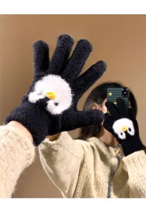 Cute cartoon penguin plush knitted gloves for women, warm winter daily wear and outdoor cycling.