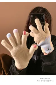 Schattige pluche gebreide handschoenen voor dames winter warm touchscreen schattige puppy wanten.