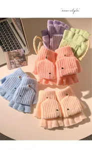 Women winter convertible plush half-finger gloves, thickened knitted warm touch-screen gloves.