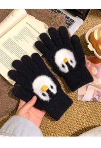 Cute cartoon penguin plush knit gloves for women, winter warm cold-proof gloves!