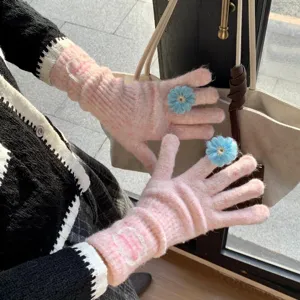 Gants Tricotés d'Hiver pour Femmes Chauds Écran Tactile Couleur Unie Dentelle Fleur Gants à Doigts pour Extérieur Quotidien