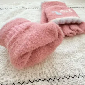 Pink plush fingerless flip-top gloves, soft winter warm touch screen writing mittens for women.