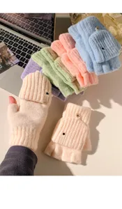 Convertible plush fingerless gloves winter warm thick knit gloves for women and students.
