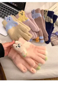 Leuke winter warme pluche gebreide handschoenen voor vrouwen, dikke touchscreen wanten.