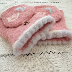 Women cute plush flip half finger gloves winter warm pink knit touch screen gloves