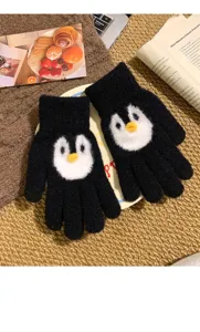 Cute cartoon penguin plush knitted gloves for women, winter warm outdoor cycling split finger.