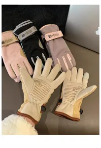 Women winter warm plush thickened suede gloves windproof cycling outdoor gloves set.