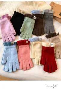 Korean contrast color knitted touchscreen gloves for women winter warm thermal wear