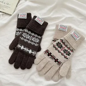 Gants d'hiver vintage tactiles en tricot avec motif flocon, chauds pour couples en laine.